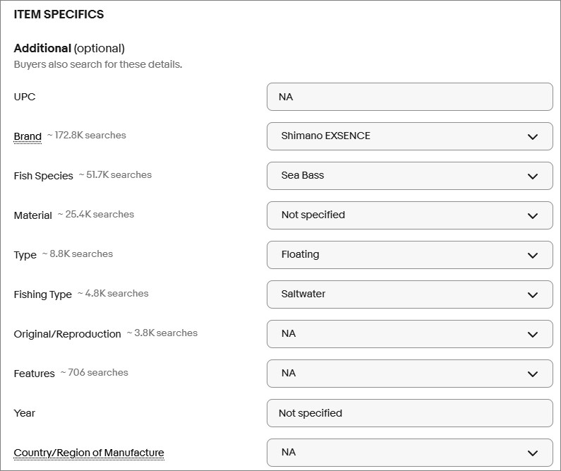 item specificsを充実させる 画像